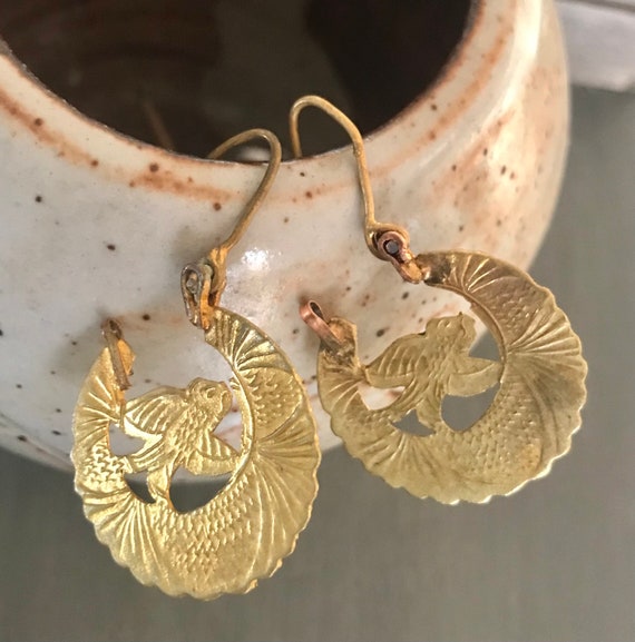 Antique brass earrings | Hoops with carp inside |… - image 4