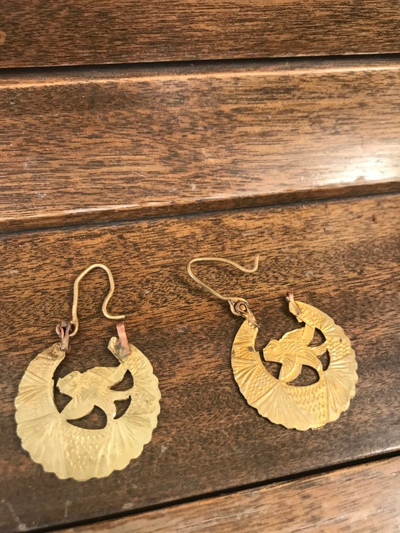 Antique brass earrings | Hoops with carp inside |… - image 6