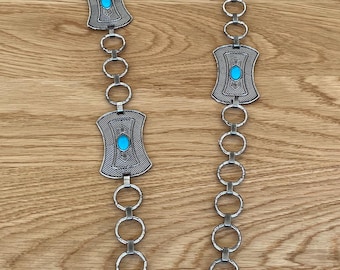 Vintage Silver Concho Belt: Boho Southwestern Style, Faux Turquoise
