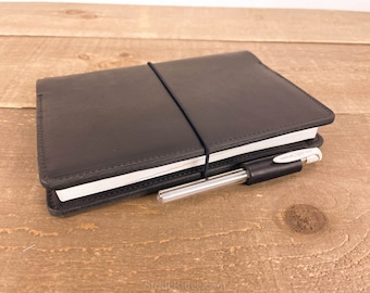 Hobonichi Cover A5 Cousin, Card Pockets, pen loop, stationery pocket, elastic band closure in Black Dublin Horween Leather