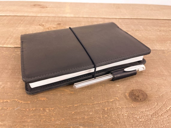 Hobonichi Cover A5 Cousin, Card Pockets, Pen Loop, Stationery Pocket,  Elastic Band Closure in Black Dublin Horween Leather 