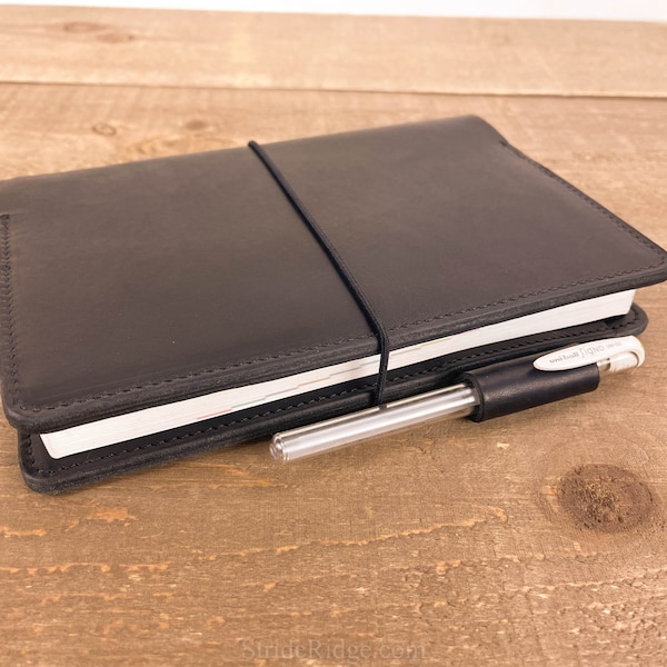 Hobonichi Cover A5 Cousin, Card Pockets, pen loop, stationery pocket, elastic band closure in Black Dublin Horween Leather