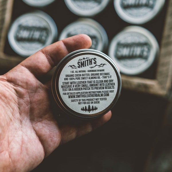 Leather Conditioner - all Natural Ingredients - Cocoa Butter, Bees Wax, Almond Oil - 1oz. Tin - Smith's Leather Balm - Safe on Hands