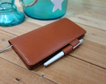 Hobonichi Techo Weeks Leather Planner Cover, Pen Loop Closure, Card Pockets, Receipt Pocket, Chestnut Leather, Medium Brown Stitching, Slim