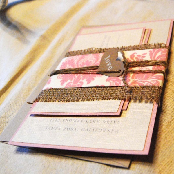 rustic wedding invitation, burlap wedding invitation, pink wedding invitation, elegant wedding invitation