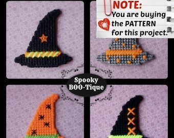 Puede incluir: Un collage de cuatro patrones de sombreros de bruja en negro, naranja y gris, con detalles amarillos y verdes. Los sombreros presentan estrellas, costuras y una banda decorativa. El texto incluye "Spooky BOO-Tique" y "NOTE: You are buying the PATTERN for this project."