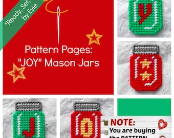 Plastic Canvas Pattern Pages: Mason Jars -- "JOY" (4 designs, graphs and photos, no written instructions) ***PATTERN ONLY!***