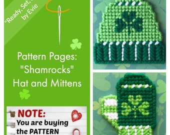 Plastic Canvas Pattern Pages: "Shamrocks" Hat and Mittens (3 designs, graphs and photos, no written instructions) **PATTERN ONLY!**