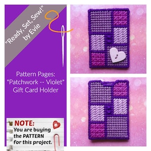 Páginas de moldes de tela plástica: Porta-cartão-presente "Patchwork -- Violeta" (gráficos e fotos, sem instruções escritas) **SOMENTE MOLDE!**