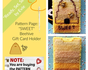 Patroonpagina op plastic canvas: "SWEET" Bijenkorf-cadeaukaarthouder (grafieken en foto's, geen schriftelijke instructies) **ALLEEN PATROON!**