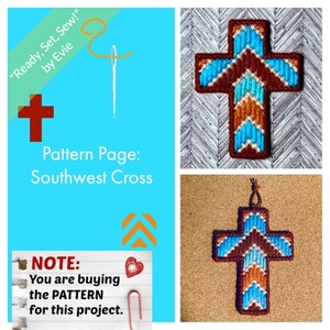 May include: Image features a Southwest Cross pattern. The cross is made with brown, blue, and orange yarn. The text "Ready, Set, Sew!" by Evie and "Pattern Page: Southwest Cross" is visible. The image also includes a note stating that the buyer is purchasing the pattern.