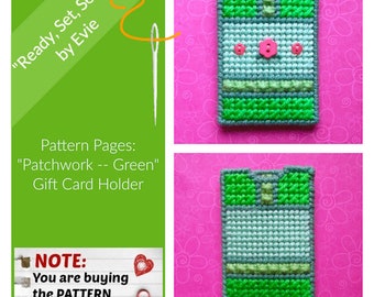 Plastic Canvas Pattern Pages: "Patchwork -- Green" Gift Card Holder (graphs and photos, no written instructions) **PATTERN ONLY!**