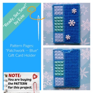 Könnte beinhalten: Ein handgefertigter blauer Geschenkkartenhalter mit Patchwork-Design. Der Halter hat Quadrate in Hellblau, Mittelblau und Türkis, mit drei weißen Schneeflockenknöpfen. Der Text "Ready, Set, Sew!" und "Patchwork -- Blue" sind sichtbar.
