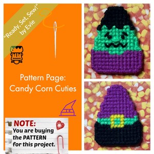May include: An orange graphic with the text "Ready, Set, Sew!" and "by Evie" with a needle and thread illustration. The image also features a pattern page titled "Candy Corn Cuties" and two crocheted Halloween-themed candy corn figures.