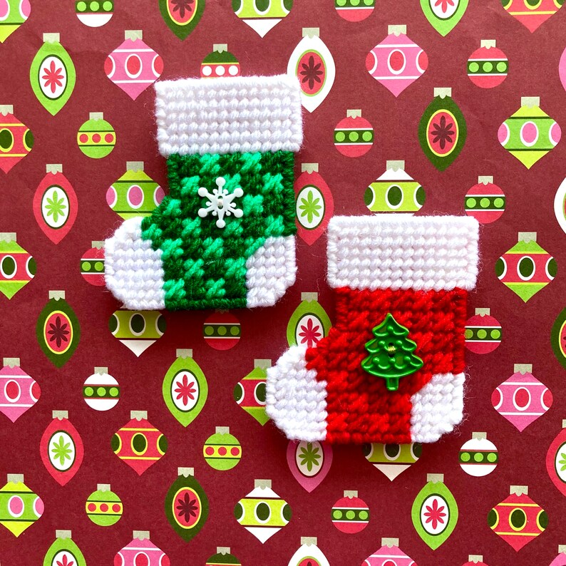 Plastic Canvas: Checked Christmas Stocking Magnets set of 2 image 1