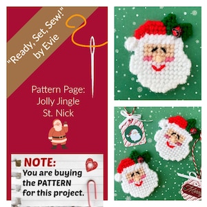 May include: A festive image showcasing a knitted Santa Claus decoration with a red hat, white beard, and rosy cheeks. The image also includes a pattern page with the text "Jolly Jingle St. Nick" and the phrase "Ready, Set, Sew!" by Evie.