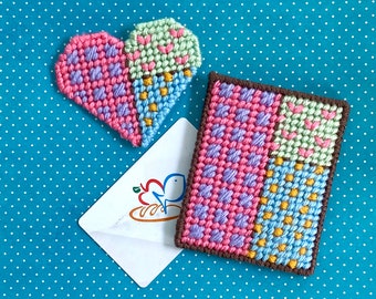 Plastic Canvas: "Pastel Patchwork" Gift Card Holder Set (set of 2 items -- gift card holder and heart magnet)