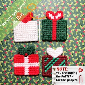 May include: Four handmade Christmas gift ornaments in red, white, and green, with a holly-leaf patterned background. The text "Ready, Set, Sew! by Evie" is visible. The text "NOTE: You are buying the PATTERN for this project" is also visible.
