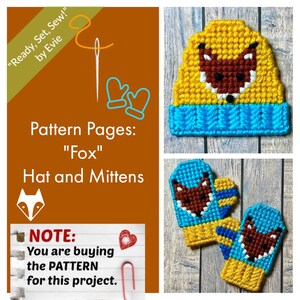 May include: A crochet pattern for a fox hat and mittens. The hat is yellow with a blue brim and a fox face. The mittens are blue with yellow accents and a fox face. The text on the image says "Ready, Set, Sew!" by Evie.