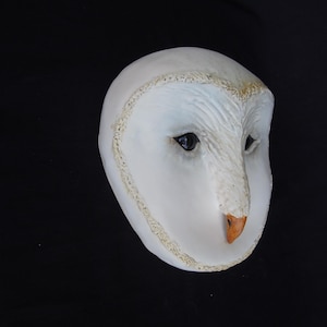 May include: A white owl mask with detailed facial features, including dark eyes and an orange beak. The mask has a textured surface and is trimmed with a decorative border. The owl mask is set against a black background.
