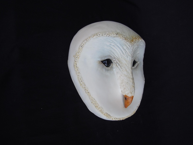 May include: A white owl mask with detailed facial features, including dark eyes and an orange beak. The mask has a textured surface and is trimmed with a decorative border. The owl mask is set against a black background.
