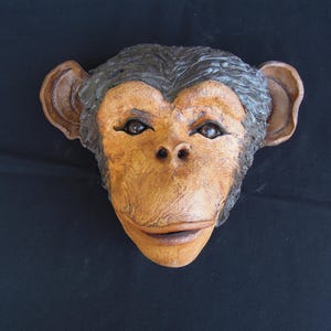 Handmade Ceramic Monkey Original Chimp Sculpture Cute Animal Art  Monkey Mask Wall Art African Home Decor Garden Art Unique Nature Gift