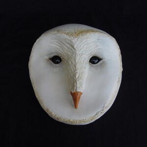 May include: A white owl mask with black eyes and an orange beak. The mask has a textured surface and a gold-colored trim around the edges. The owl mask is set against a black background.