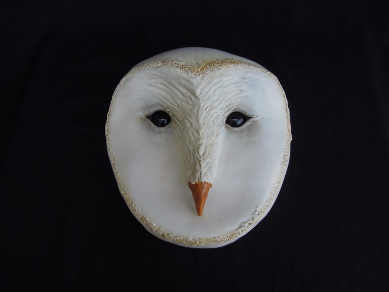May include: A white owl mask with black eyes and an orange beak. The mask has a textured surface and a gold-colored trim around the edges. The owl mask is set against a black background.
