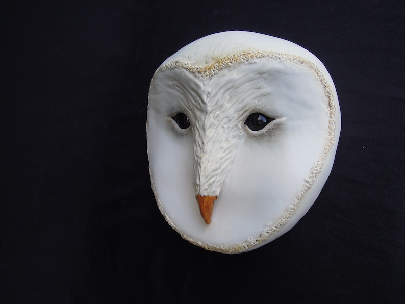 May include: A white owl mask with a detailed, textured surface. The mask features dark eyes, a tan beak, and a textured border. The owl's face is centered against a black background, creating a striking contrast.