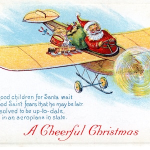 Postal navideña vintage, Papá Noel en avión entregando regalos FS