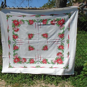 Vintage Christmas Tablecloth, Poinsettias, Candlesticks, Holly, Rectangle, 45-1/2&quot; x 51-1/2&quot;