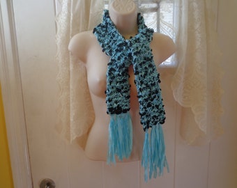 Scarf, Blue & Black Knitted Ribbon Yarn and Ladder Yarn With Knotted Fringe  FS