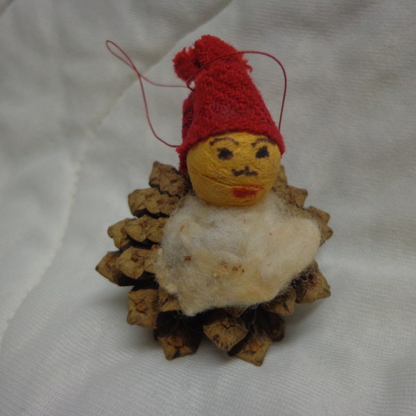 Pinecone Elf, Pressed Cotton Head, Vintage Christmas Holiday Decor  FS