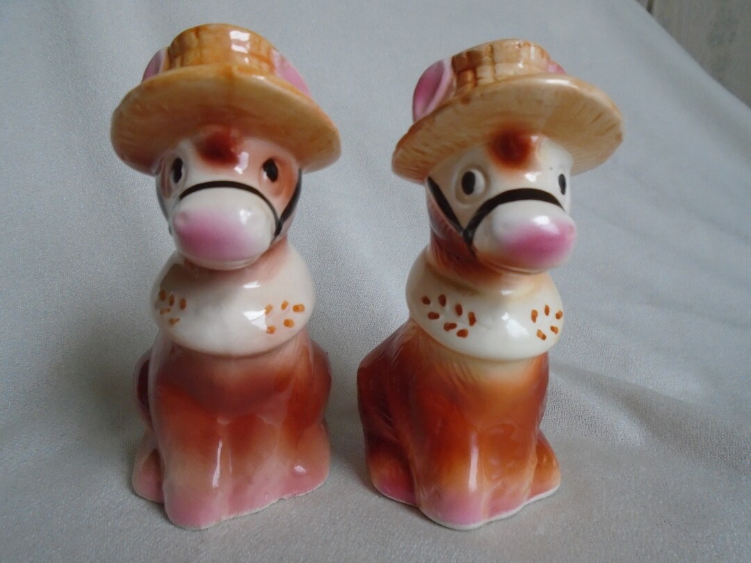 Donkey Wearing Hat Salt & Pepper Shakers, Pair of Donkeys in Hats