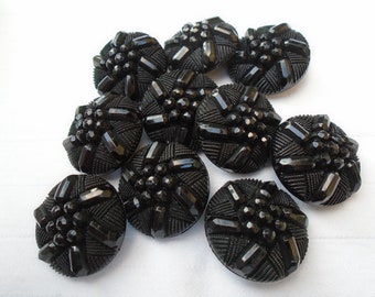 Ten 30mm Black Plastic Buttons, Beautiful Textured Design, Shank Back, Vintage,  FS