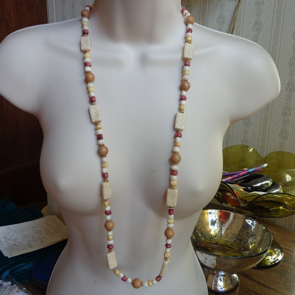 36" Necklace, Earth Tone Plastic Faux Stone Beads, Continuous Single Strand  FS