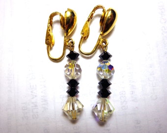 Paire de boucles d’oreilles en cristal, perles de verre noir et cristal, clipsage, 1 1/8 » Drop FS