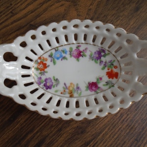 Small Floral Oval Bowl, Pierced Sides, Handles, Marked Germany