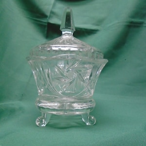 Pressed & Cut Glass Covered Bowl With Three Scroll Feet, Prism Finial
