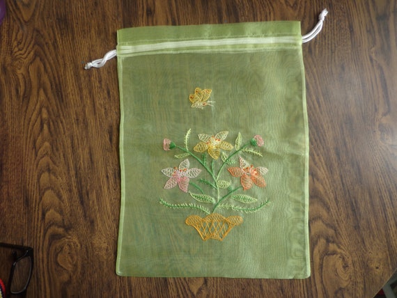 Embroidered Drawstring Bag, Lime Green Sheer Fabr… - image 1