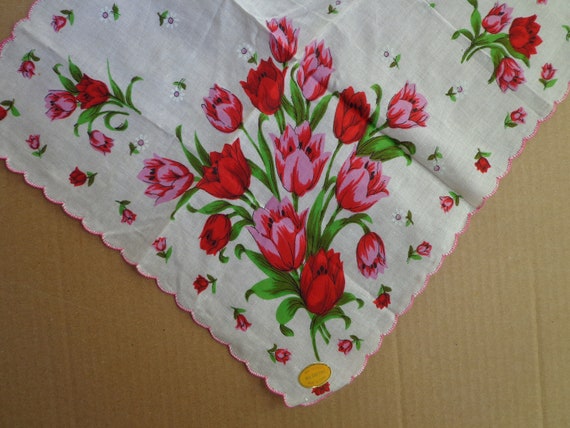Vintage Hankie, Big Red and Pink Tulips, Tiny Whi… - image 6
