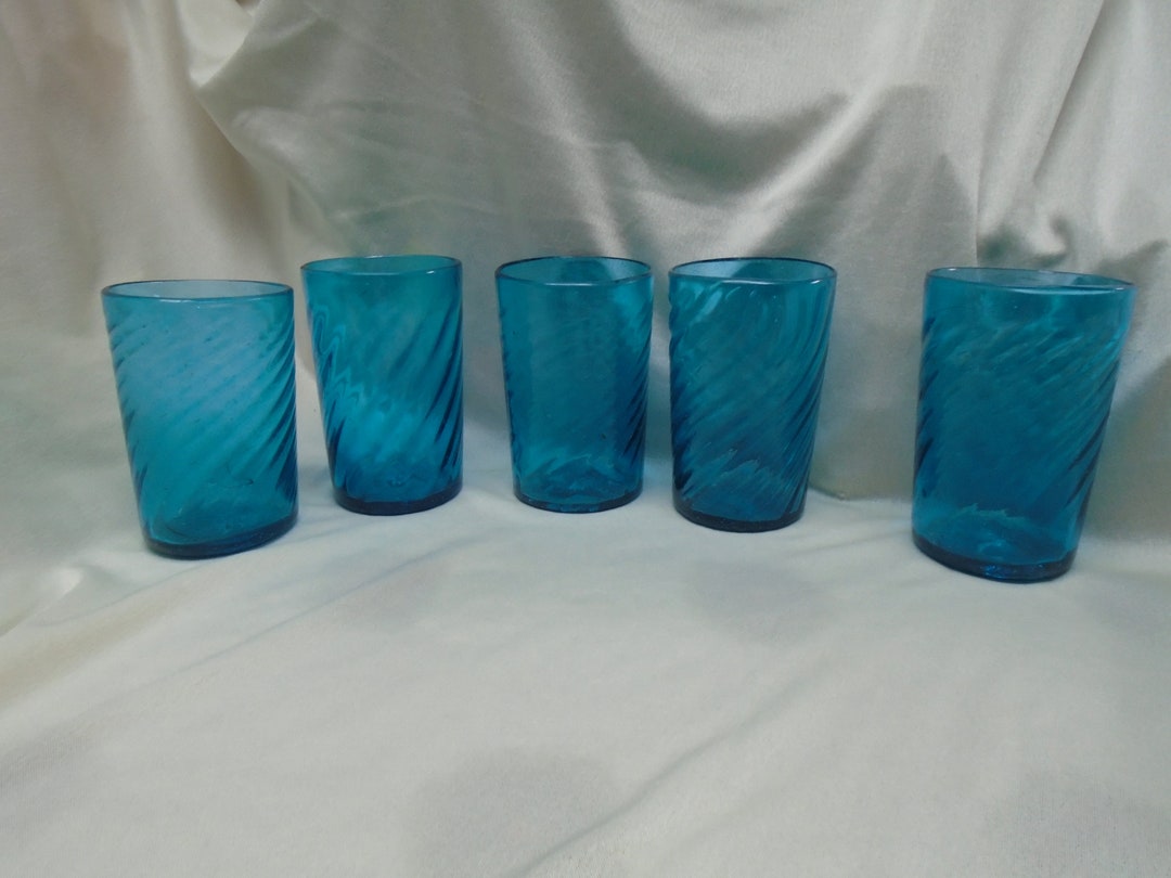 Hand Blown Blue Glass Tumblers Set of 5 Vintage Glassware Etsy