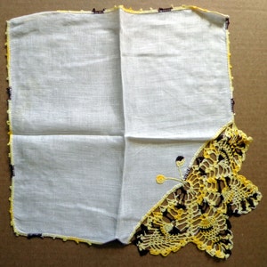 Linen Handkerchief, Hand Crocheted Butterfly in Yellow & Brown in Corner, Matching Crocheted Edge, Vintage Hanky, Hankie  FS