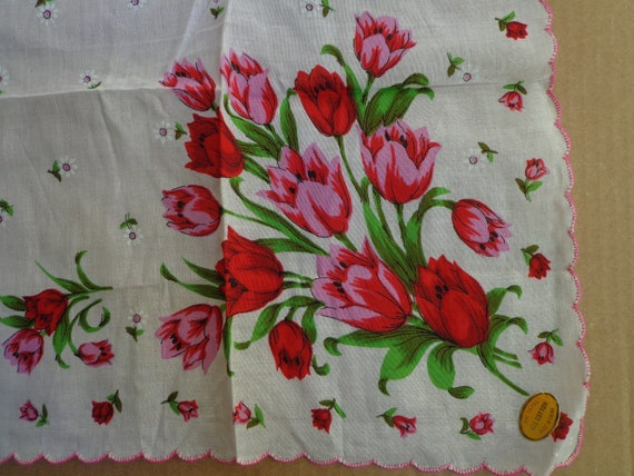 Vintage Hankie, Big Red and Pink Tulips, Tiny Whi… - image 5