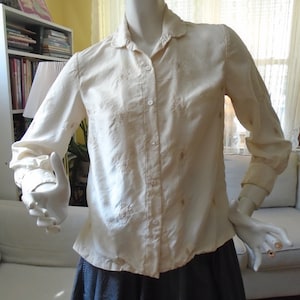 Anne Fogarty Vintage Blouse, 3/4 Sleeves, Ivory With Embroidered Designs