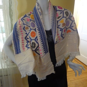 Iridescent Scarf, White With Gold Metallic Threads, Colorful Woven Accents, Navy Blue Border   FS
