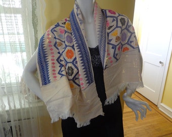 Iridescent Scarf, White With Gold Metallic Threads, Colorful Woven Accents, Navy Blue Border   FS