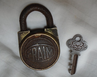 Vintage Fraim Padlock With Key, Working, Antique Lock & Key