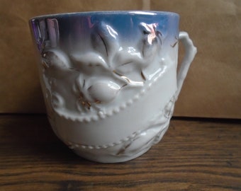 Antique German Porcelain Mug, Berries & Banner For Inscription