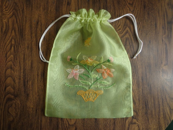 Embroidered Drawstring Bag, Lime Green Sheer Fabr… - image 5
